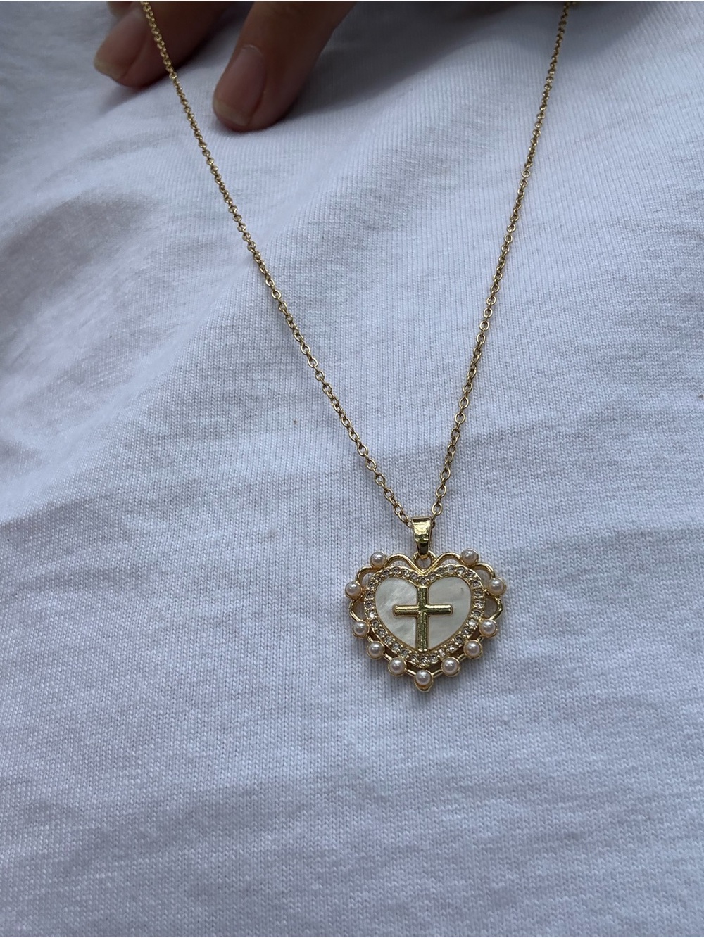 Gold Heart Pendant Necklace with Cross and Pearl Accent - Picture 3 of 7